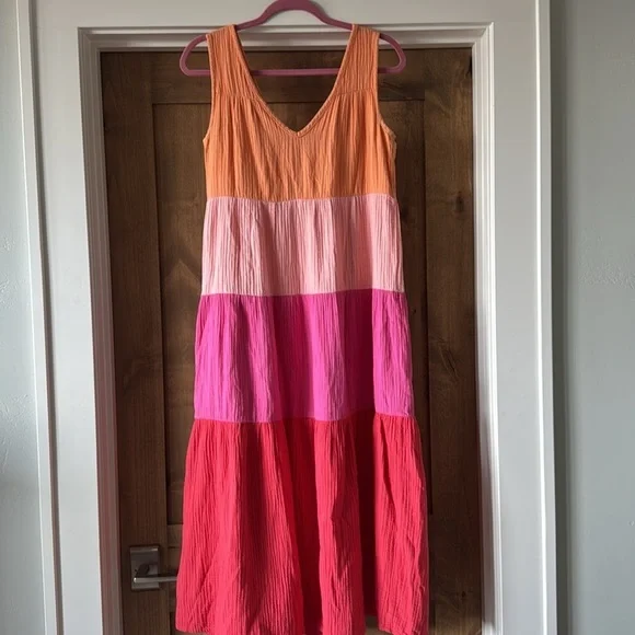 Marine Layer Corrine Gauze Maxi Dress XS Tiered Crinkle Rainbow Beachy - Picture 3 of 9